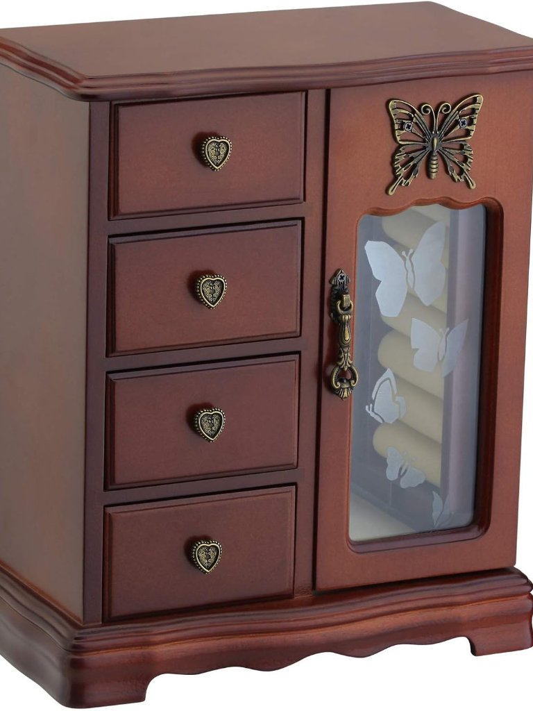 Vintage Butterfly Jewelry Box In Solid Wood With 4 Drawers & Rotating Carousel